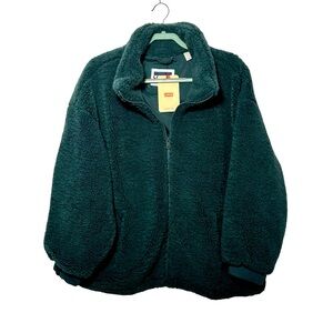 NEW Levi’s Zip Up Jacket Long Sleeved Green Faux Fur Winter Cozy Preppy Holiday
